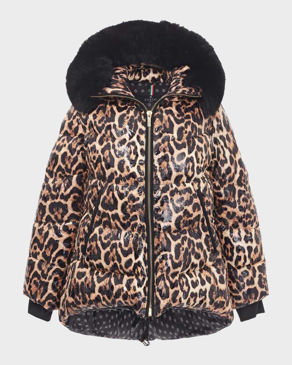 Apres-Ski Shiny Animal-Print Jacket w/ Detachable Lamb Shearling Tr